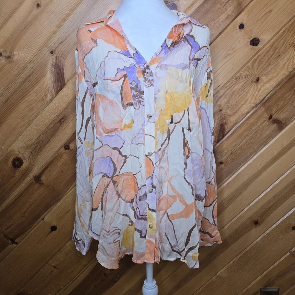 Anthropologie Pilcro Oversized Button Watercolor Floral Blouse Small Viscose
